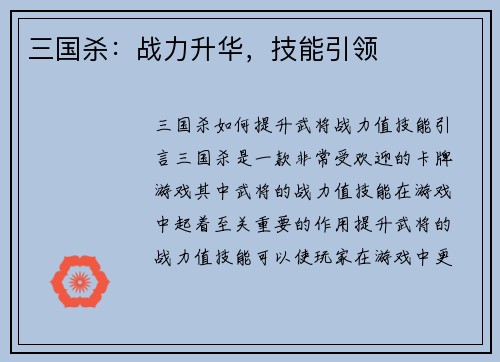 三国杀：战力升华，技能引领